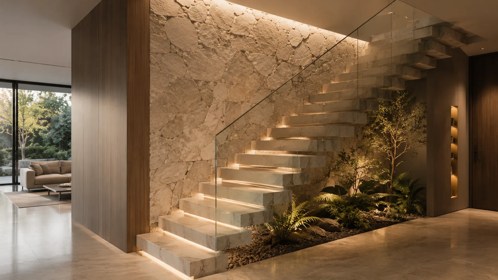 Escada revestida com superfície nobre em projeto arquitetônico refinado
