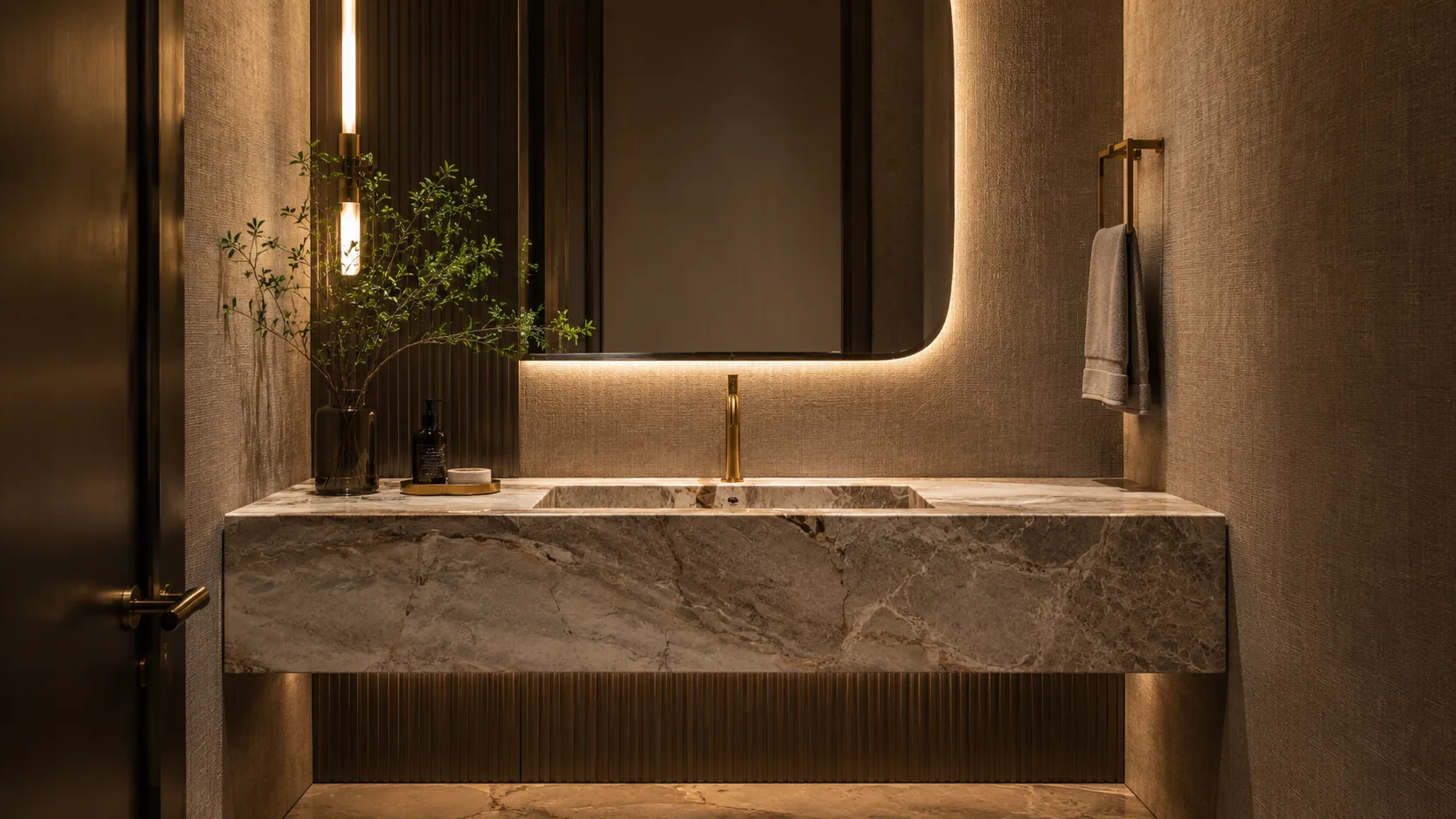 Lavabo premium com cuba e superfície sob medida em composição elegante