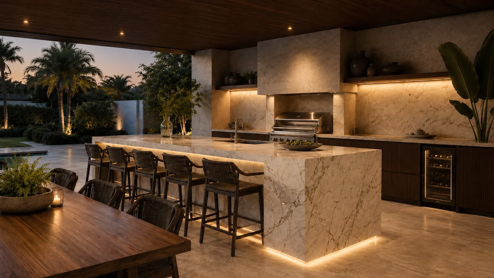 Área gourmet noturna com bancada sob medida e atmosfera de alto padrão