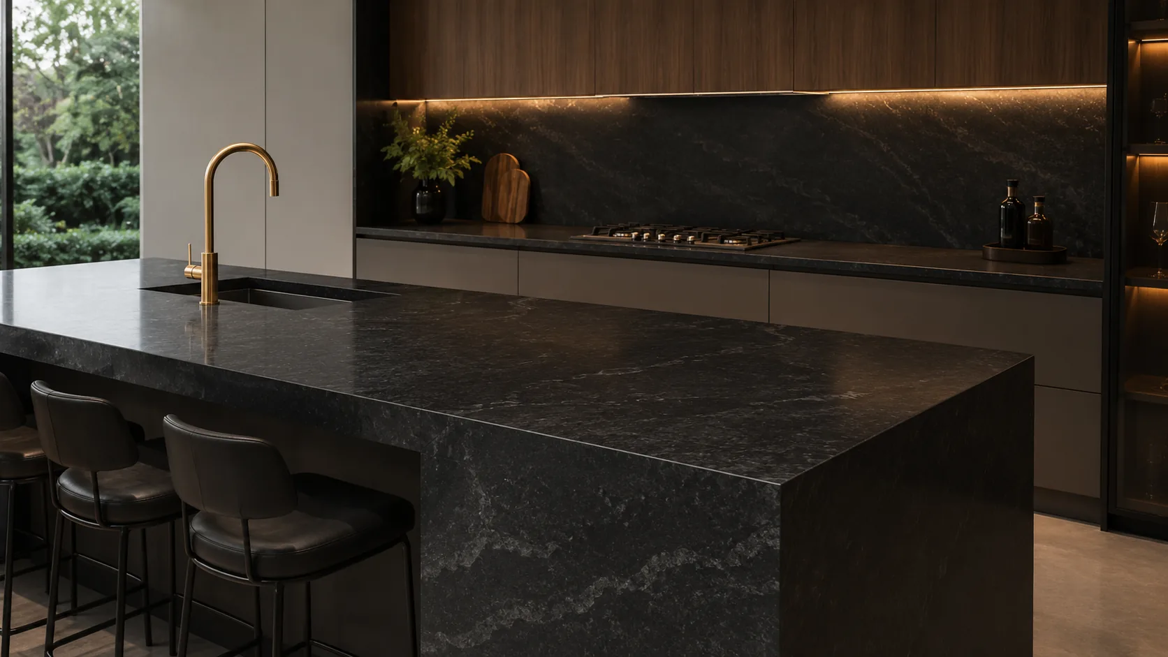 Granito escuro aplicado em bancada de cozinha com acabamento elegante
