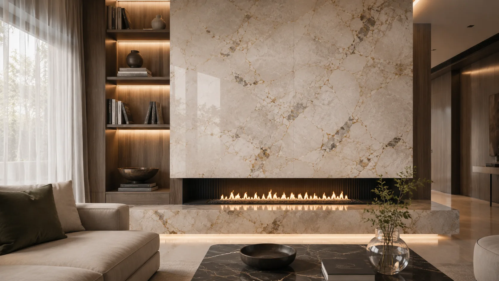 Quartzito aplicado em ambiente de estar com textura natural e presença visual